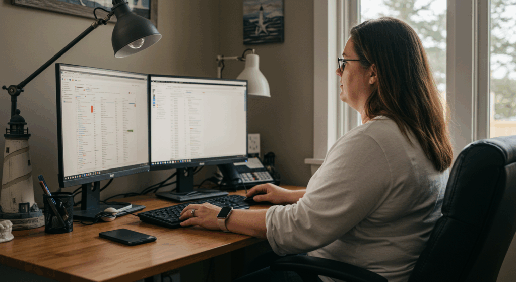 Woman sitting at desk in home office with two monitors concentrating on SEO for her clients. 